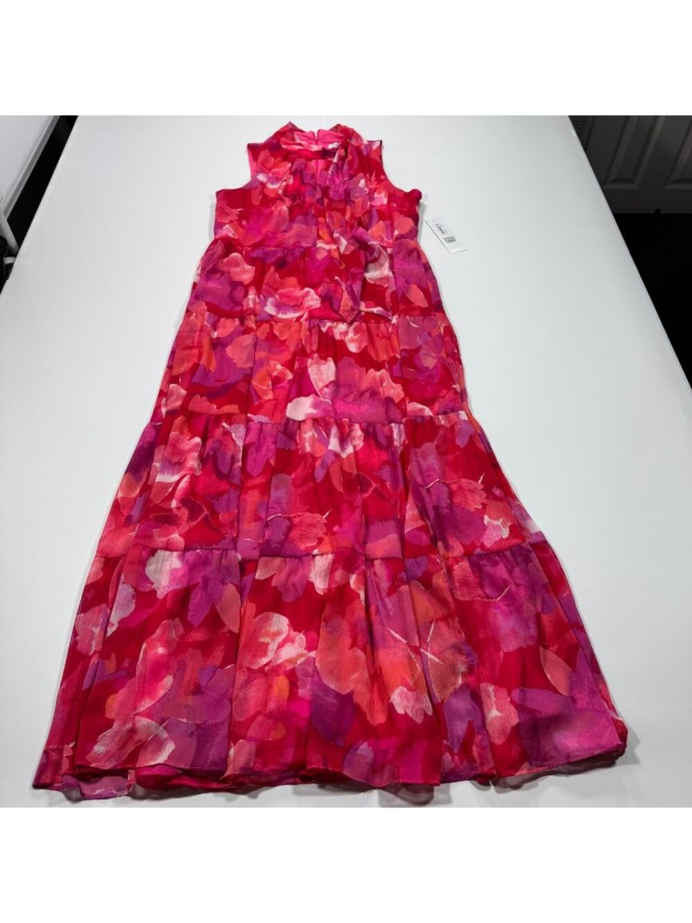 London Times Dress Women's 14 Red Floral Polyester Maxi Keyhole Neck Lined Party